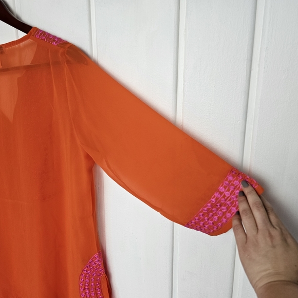 Gretchen Scott XS Orange Pink Sheer Oversized Embroidered BohoTunic Top - Picture 10 of 14